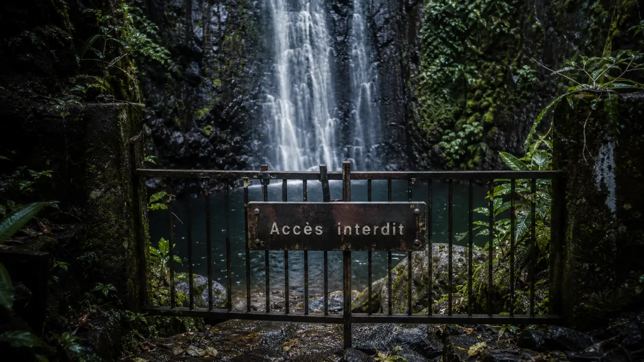 Cascade chaudron à La Réunion, sentier interdit et grille “accès interdit”
