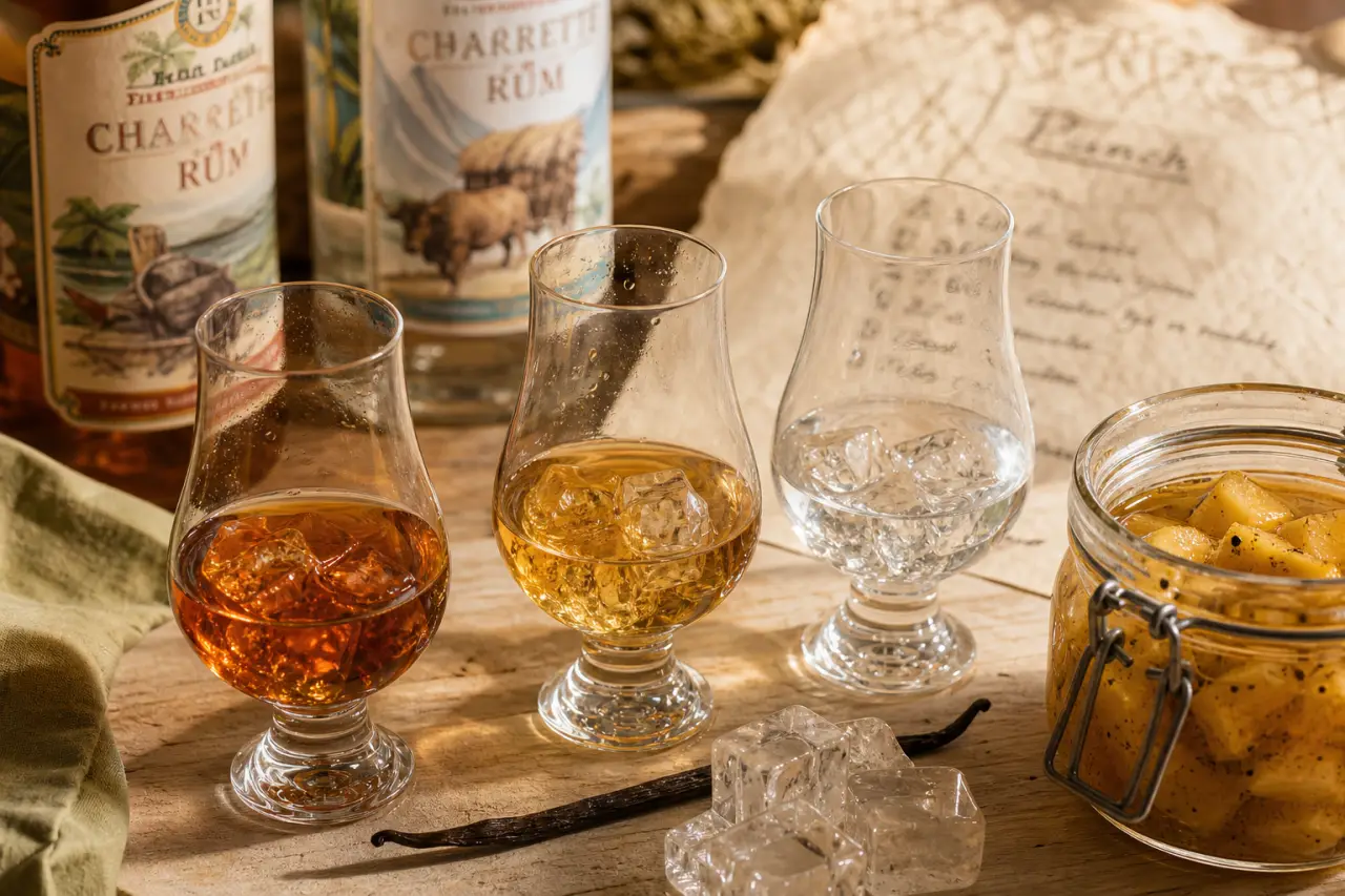 Charrette - rhum : verres 49°, 40° et vieux