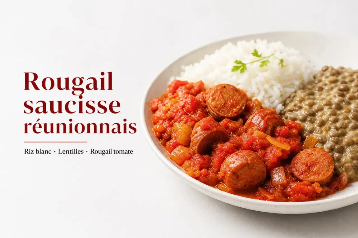 Plat traditionnel réunionnais rougail saucisse servi dans un restaurant à l'île de la Réunion