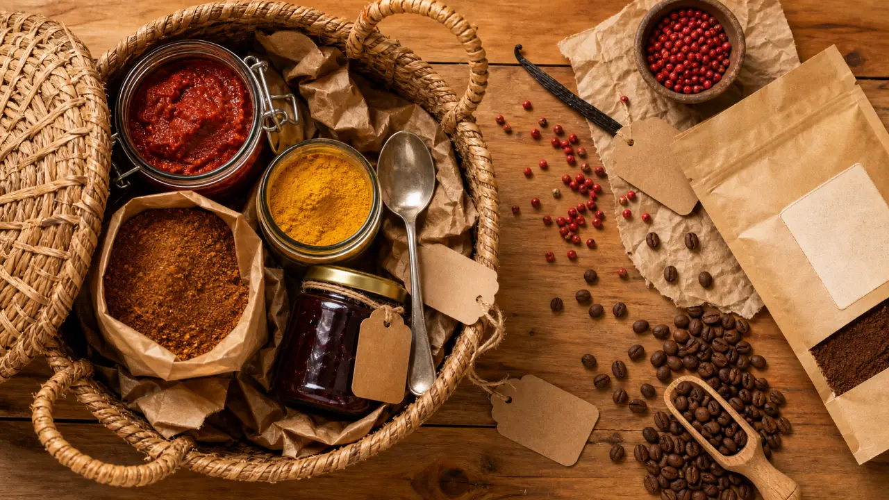 Produit réunion : massalé piment café bourbon sur table en bois