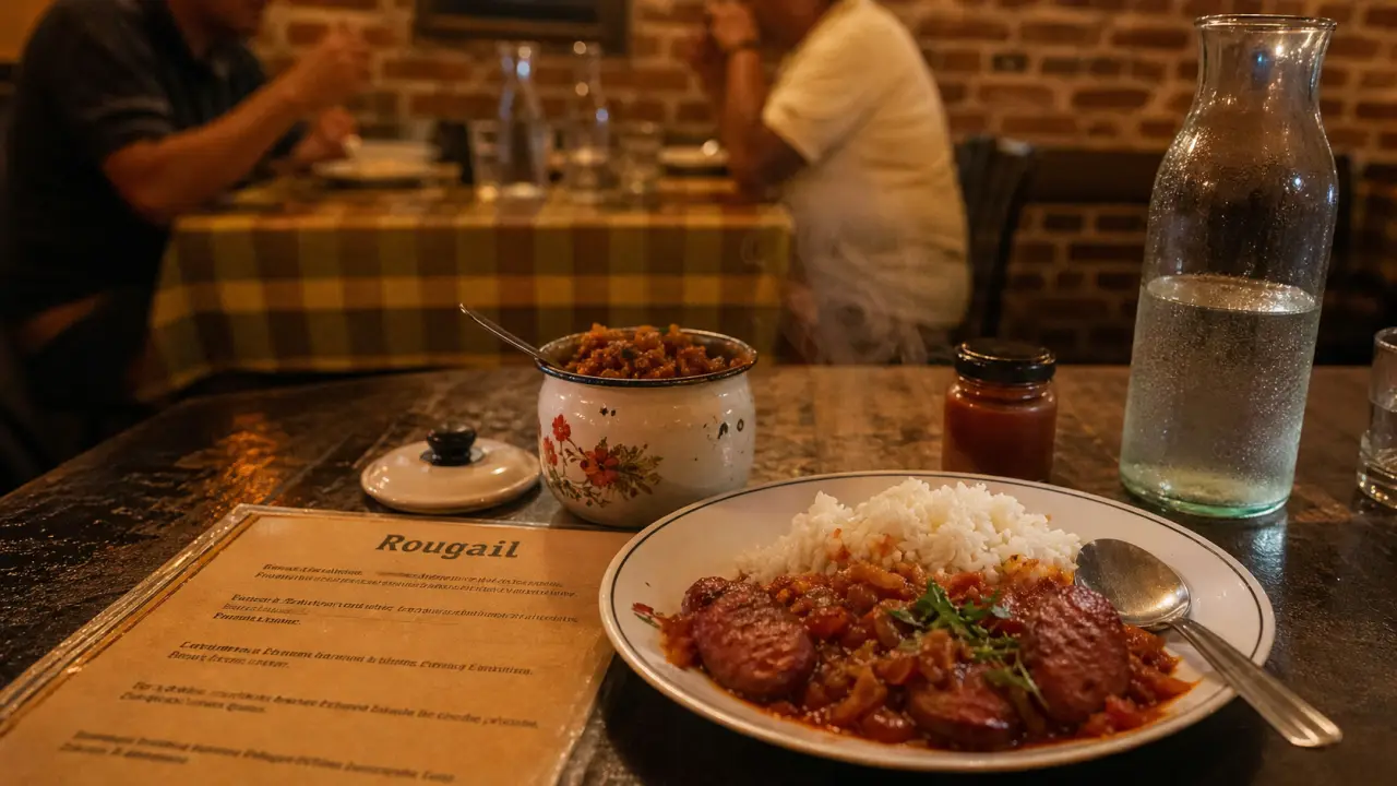 Restaurant ile de la reunion : rougail saucisse et riz, table en bois.