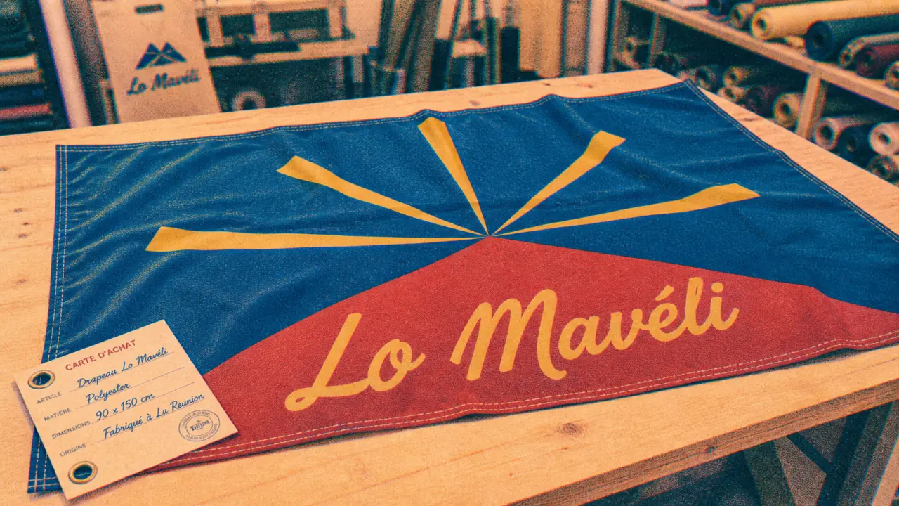 drapeau ile de la reunion Lo Mavéli bleu rouge jaune sur table atelier