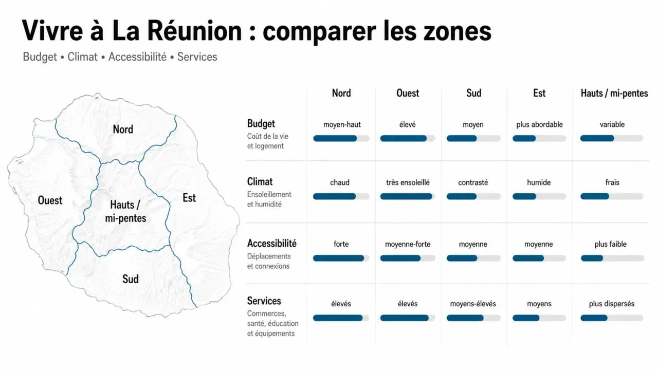 Vivre à La Réunion : comparaison visuelle des zones de vie selon budget, climat et mobilité