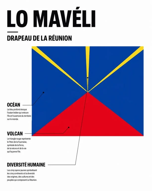 Drapeau ile de la reunion Lo Mavéli expliqué visuellement avec fond bleu, triangle rouge et cinq rayons jaunes