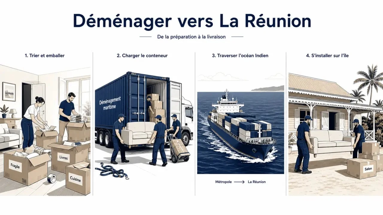 Déménagement vers la Réunion illustré par les étapes du transport maritime et de la livraison finale