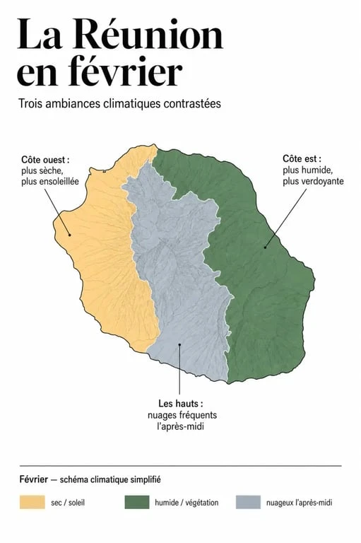 La réunion en février avis : carte visuelle des microclimats et zones recommandées pour choisir où séjourner