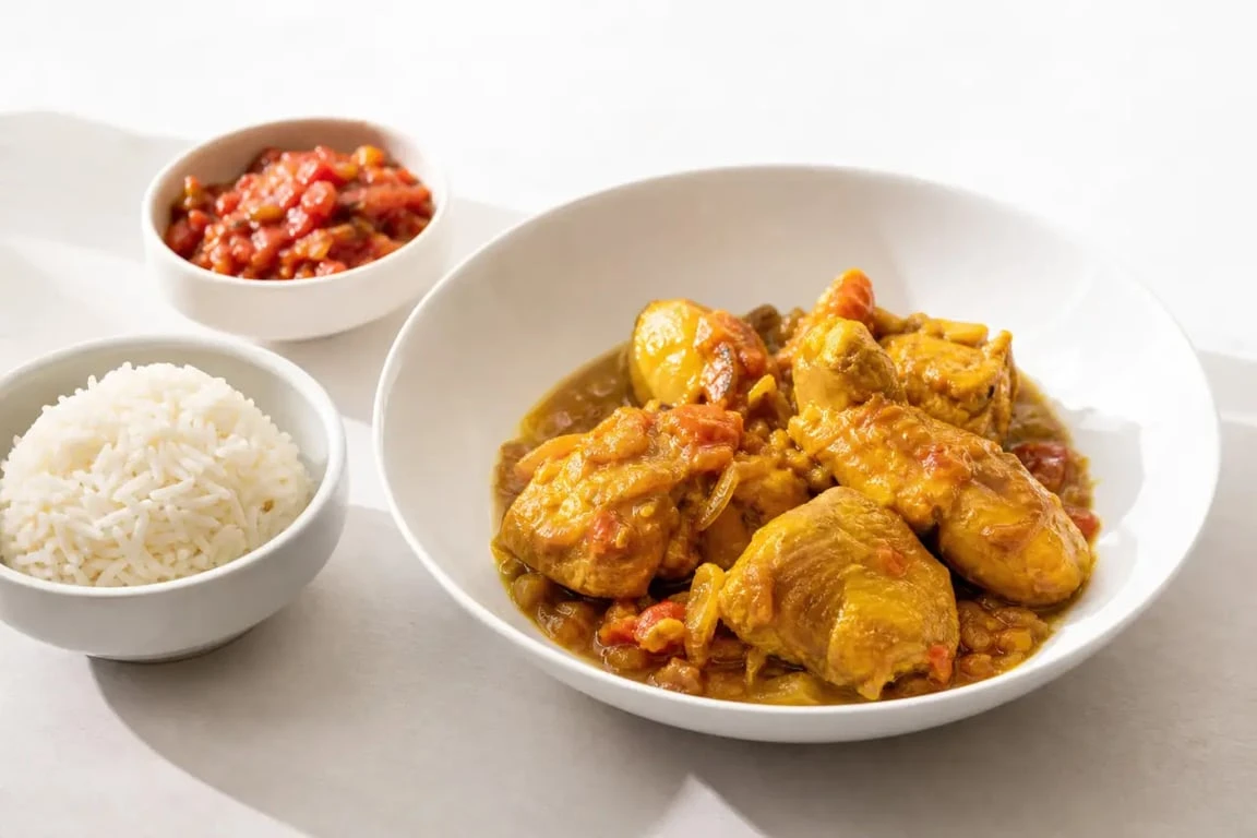 Cari poulet réunion servi avec riz, grains et rougail dans une assiette