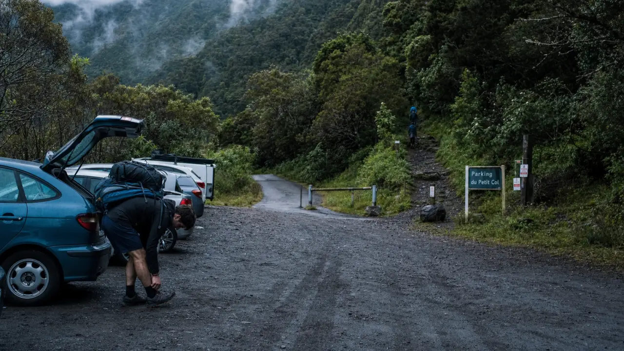 Parking payant du col des bœufs : voitures et panneau lisible