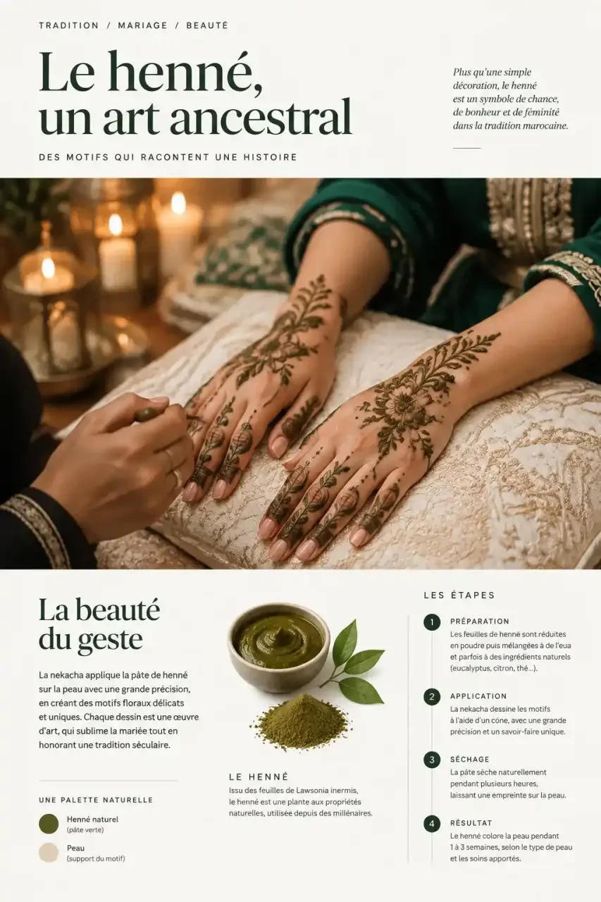Henné mariée : une nekacha applique de la pâte verte en motifs floraux sur les mains de la future épouse