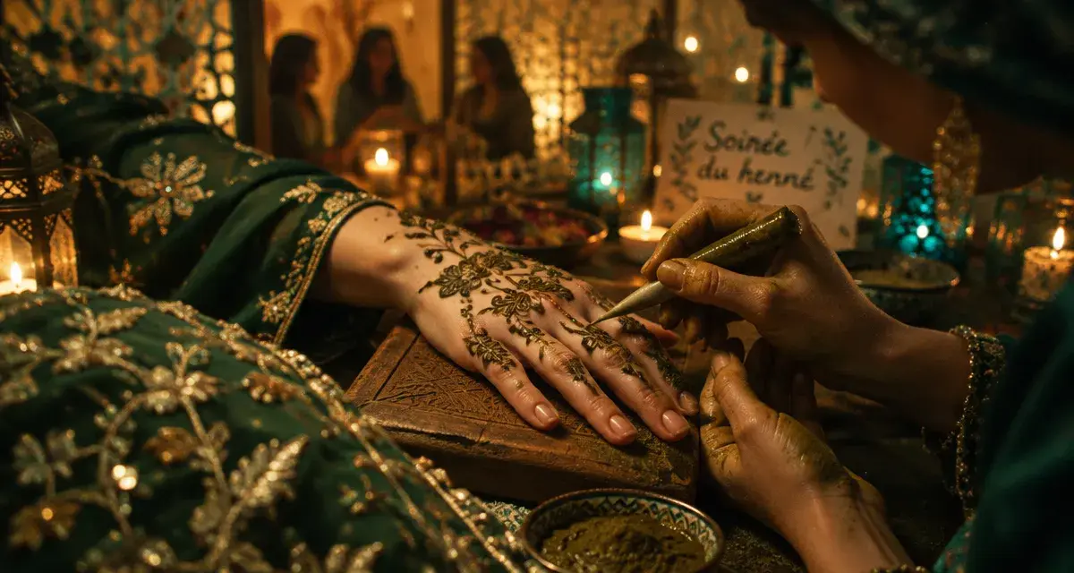 Henné mariée : pâte verte appliquée par une nekacha sur la paume